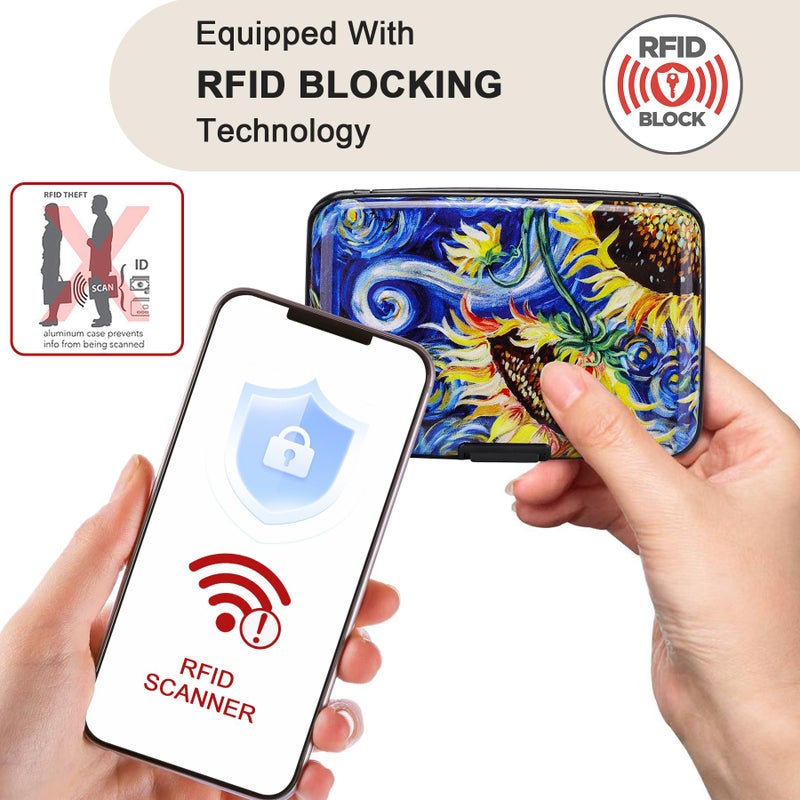 ELFISH محفظة ELFISH ميني RFID من الألمنيوم لحامل بطاقات الائتمان وحافظة بطاقات العمل وحافظة هوية معدنية للرجال والنساء (دوار الشمس) - Image 2
